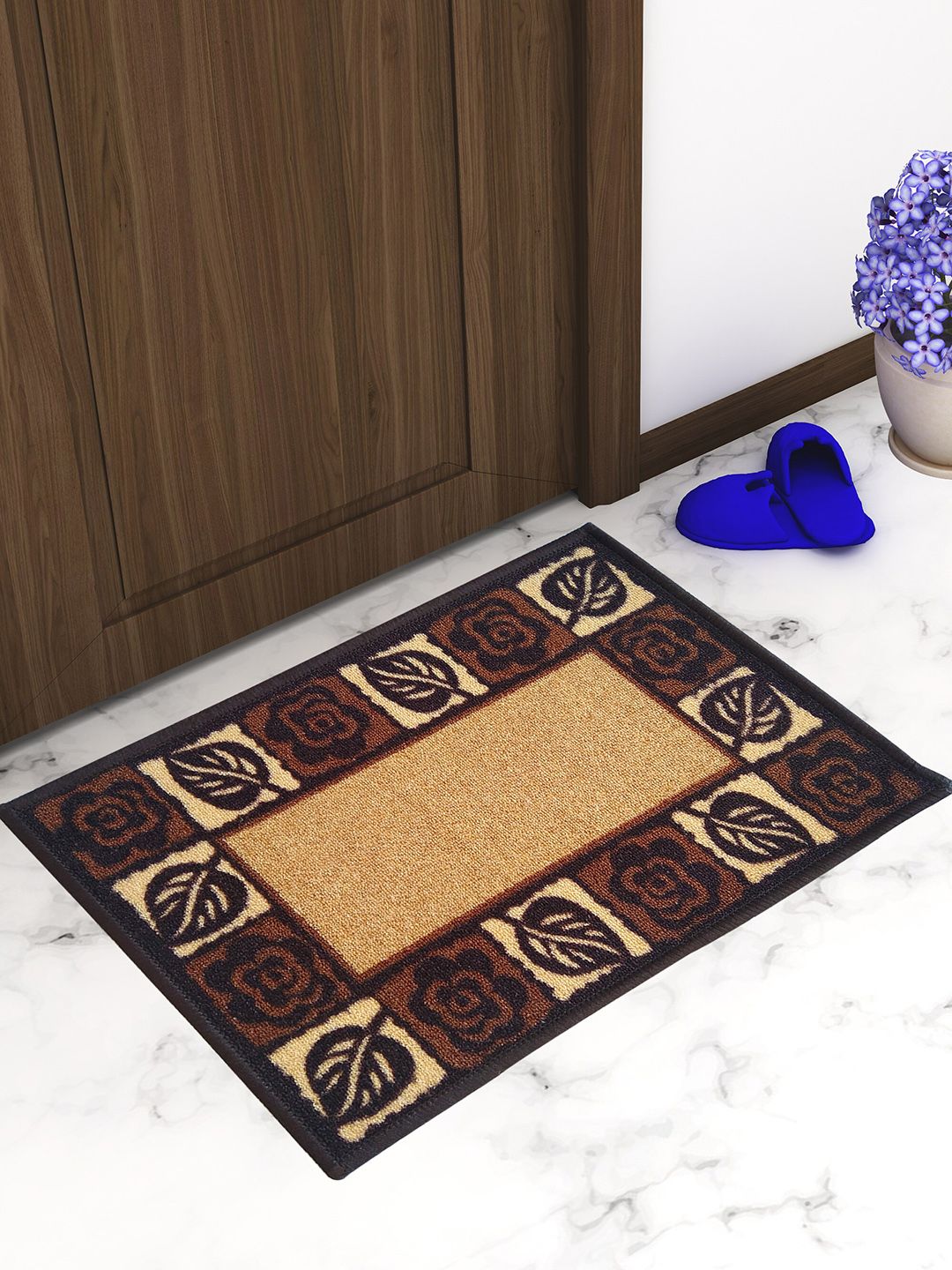 Athom Trendz Set Of 2 Brown & Beige Patterned Anti Skid Latex Backing Door Mats Price in India