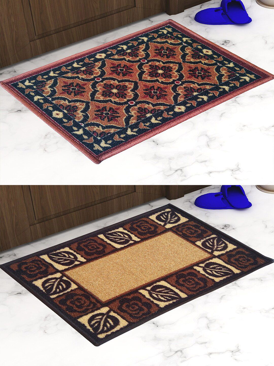 Athom Trendz Set Of 2 Brown & Black Self-Design Anti-Skid Doormats Price in India