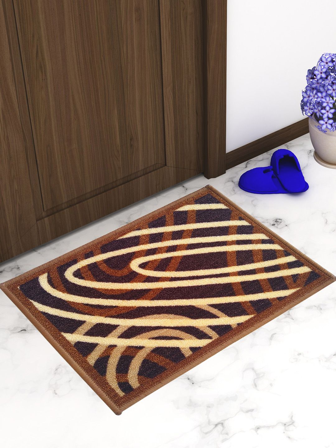 Athom Trendz Set Of 2 Brown & Yellow Patterned Anti Skid Latex Backing Rectangular Door Mats Price in India