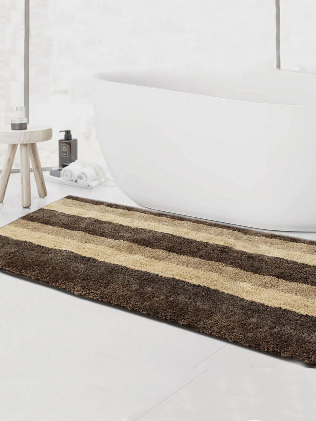 LUXEHOME INTERNATIONAL Brown & Beige 1850 GSM Striped Bath Rug Price in India