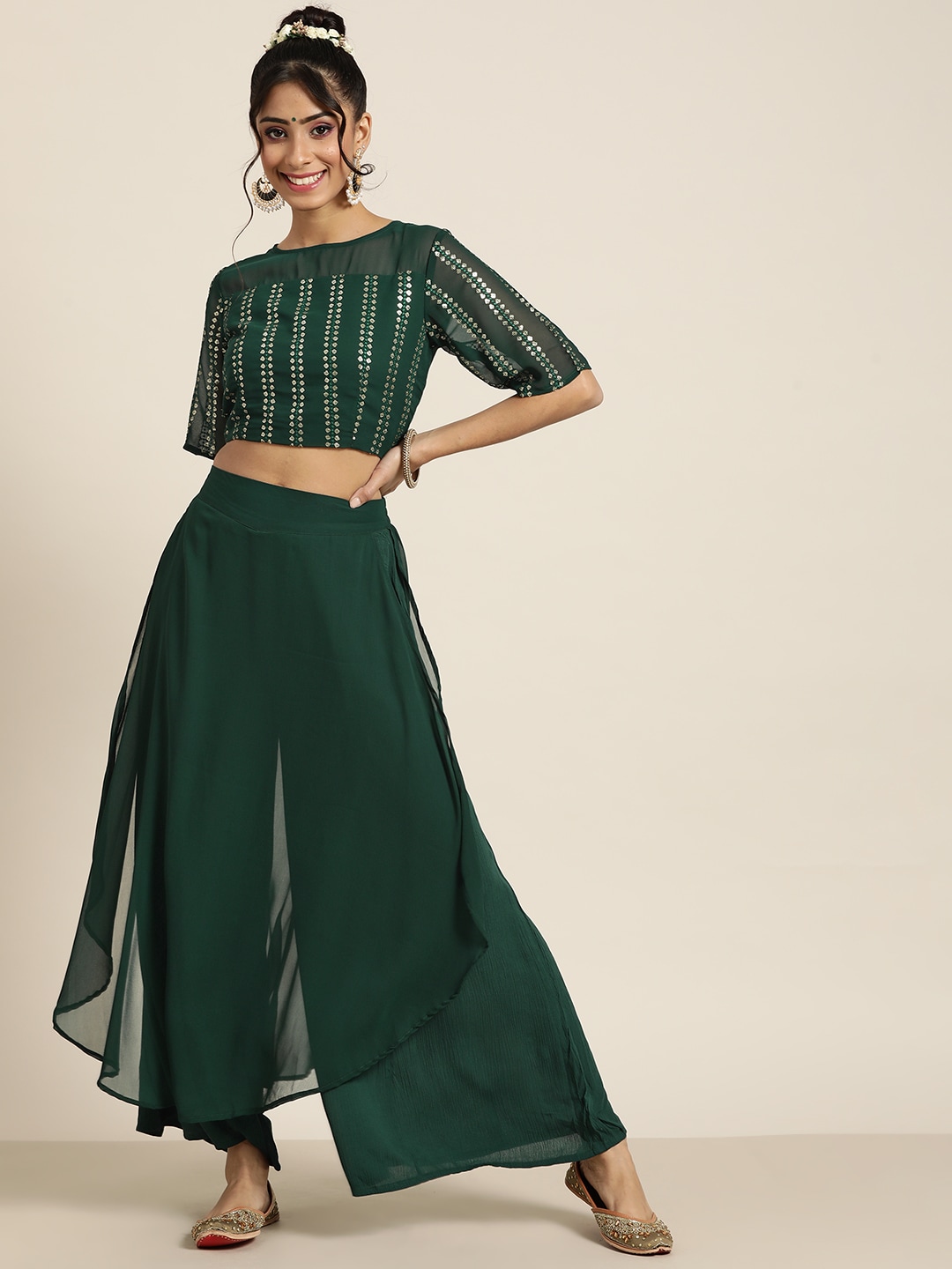Juniper Women Green & Gold-Toned Printed Top with Palazzos Price in India