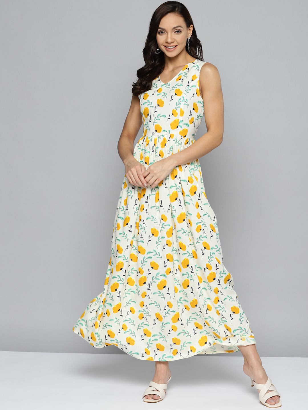 HERE&NOW Off White & Yellow Floral A-Line Maxi Dress Price in India