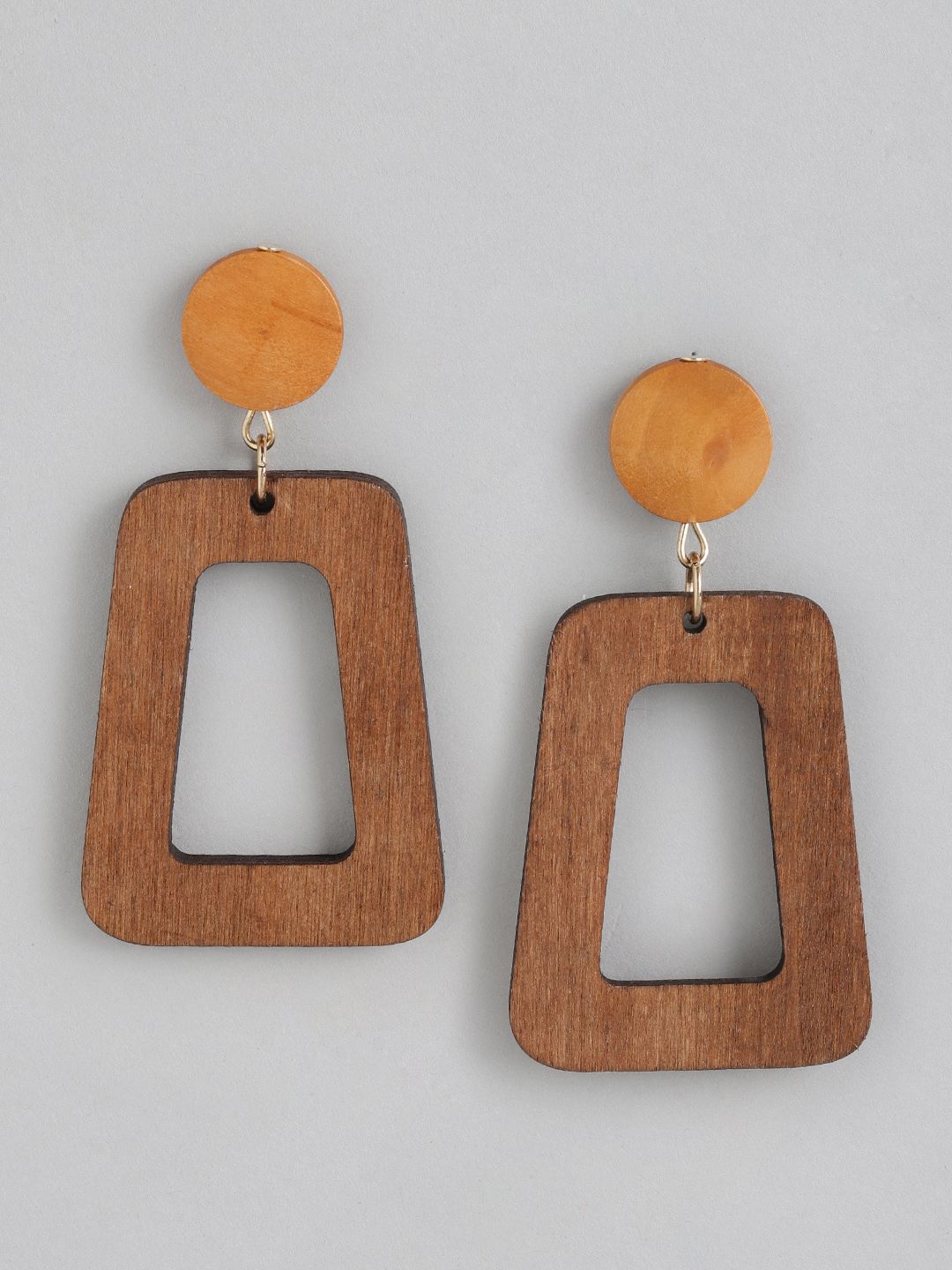 Forever New Brown Geometric Drop Earrings with Wood Finish Price in India