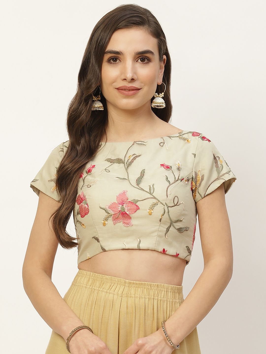 NDS Niharikaa Designer Studio Off-White & Pink Embroidered Padded Readymade Blouse Price in India