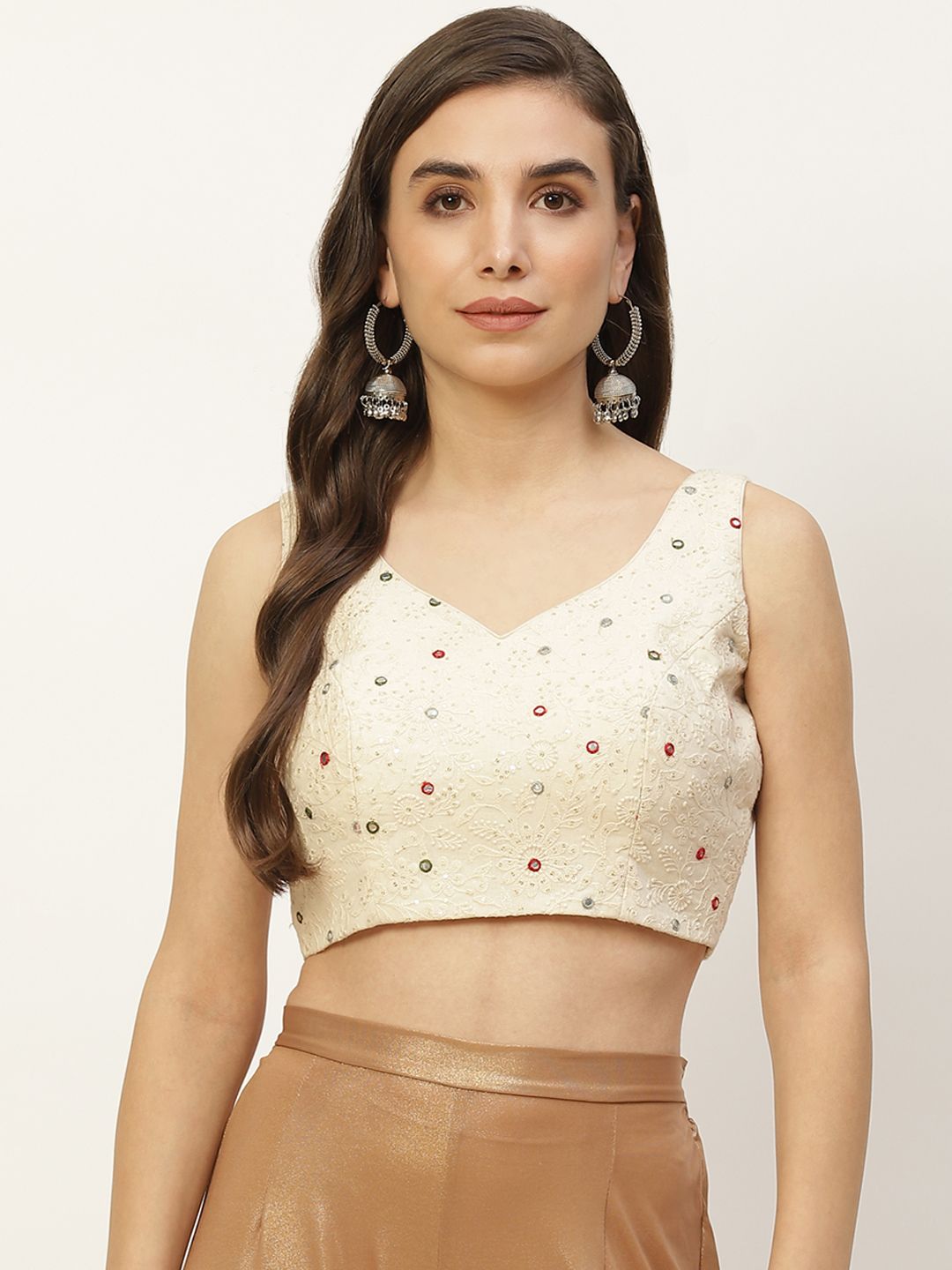 NDS Niharikaa Designer Studio Women Off-White Embroidered Mirror Work Padded Saree Blouse Price in India