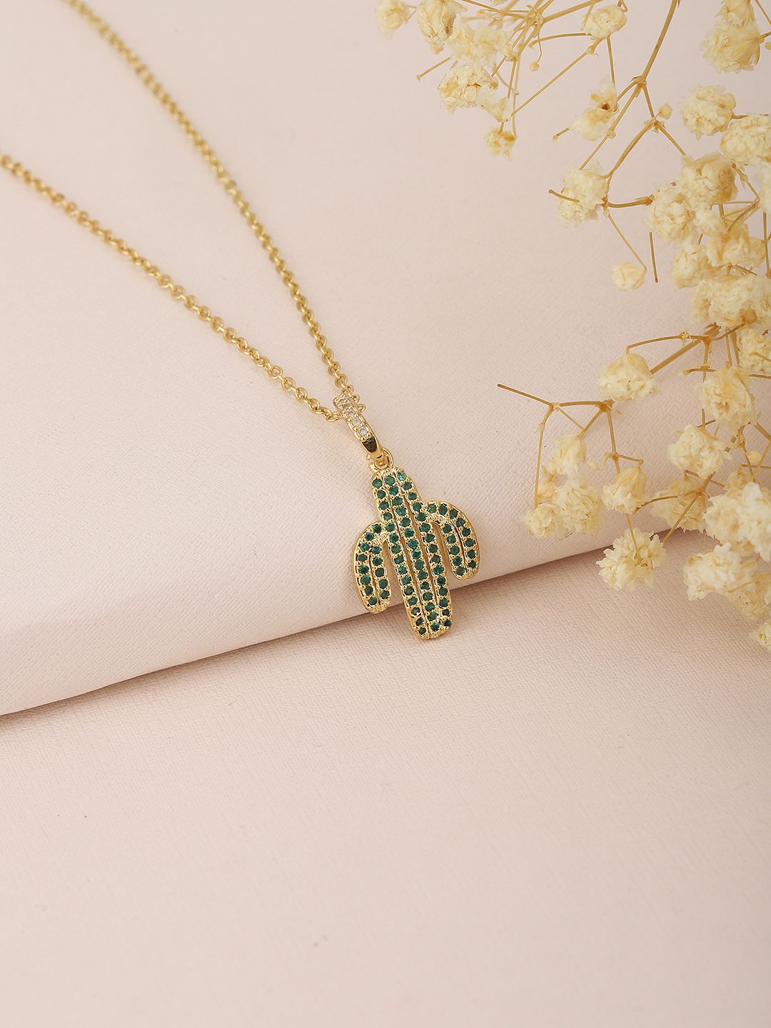 Carlton London Green & Gold-Toned Brass Cactus Shaped Stone Studded Necklace Price in India