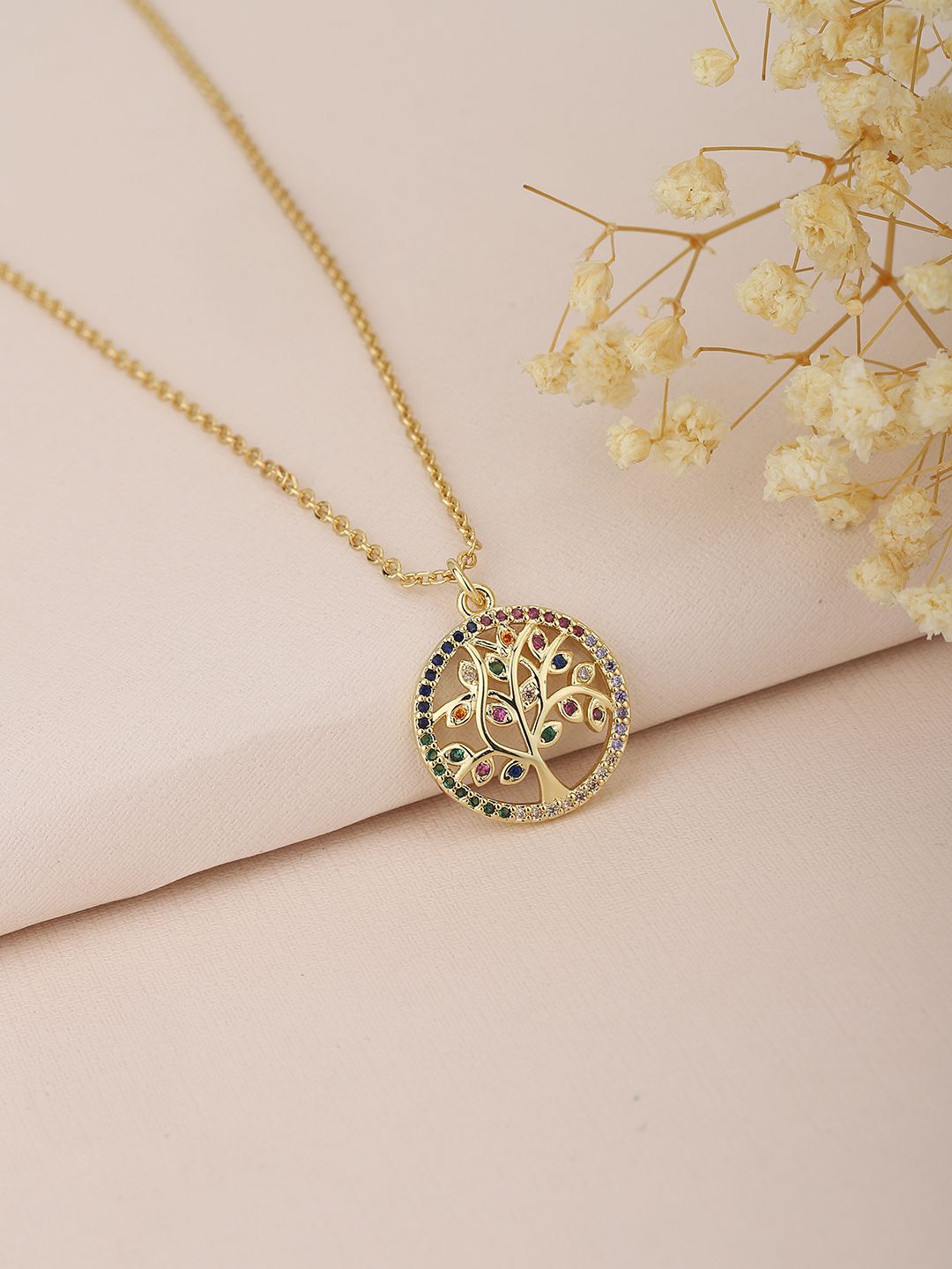Carlton London Gold-Plated CZ-Studded Tree of Life Necklace Price in India