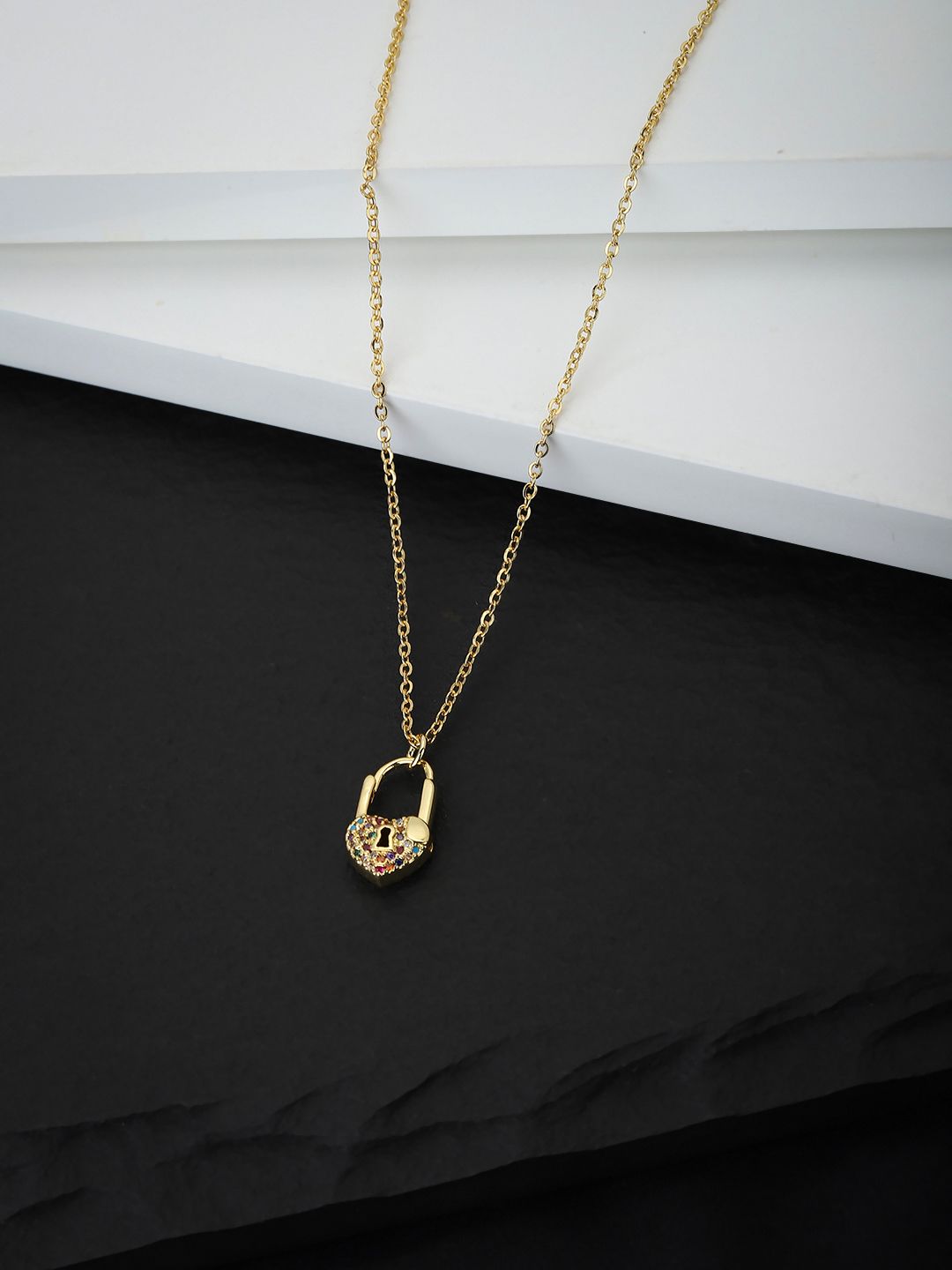 Carlton London Gold-Plated CZ-Studded Heart-Shaped Lock Necklace Price in India