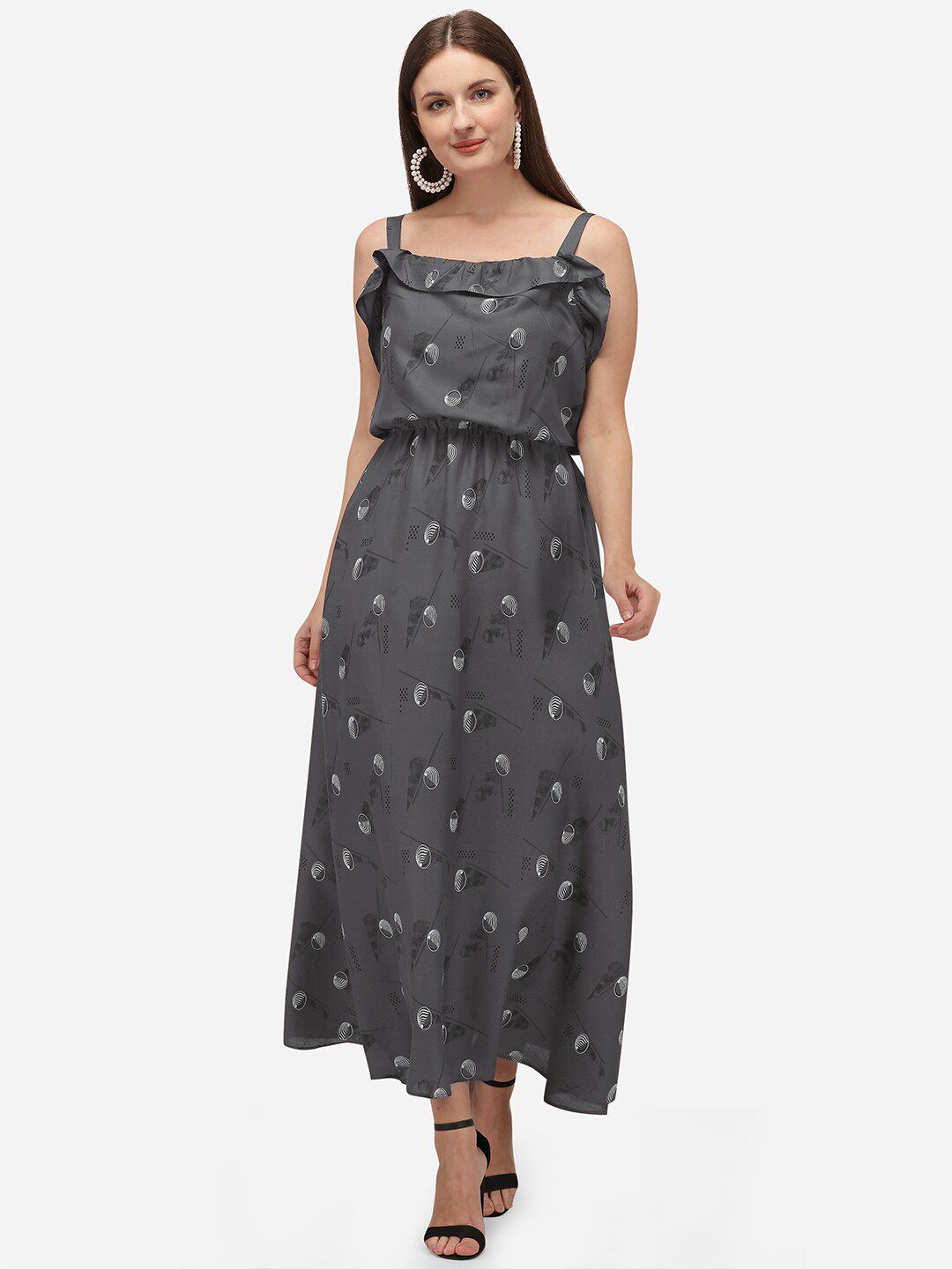 Nimayaa Women Grey Abstract Print Cotton Maxi Dress Price in India