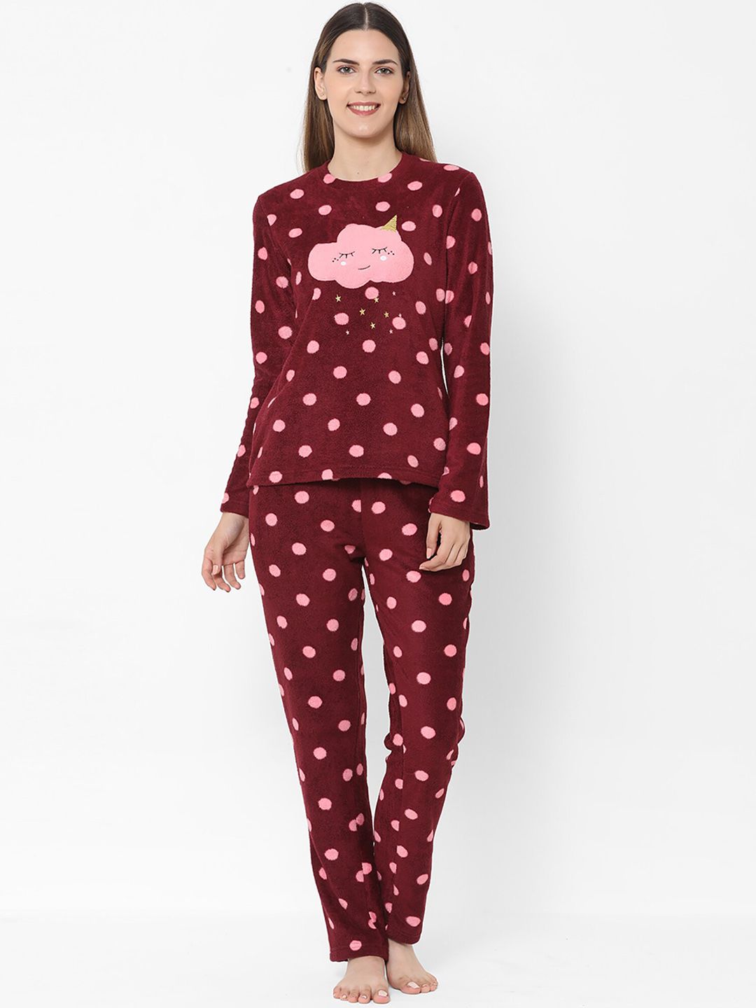 Sweet Dreams Women Maroon & Pink Printed Fleece Night suit Price in India