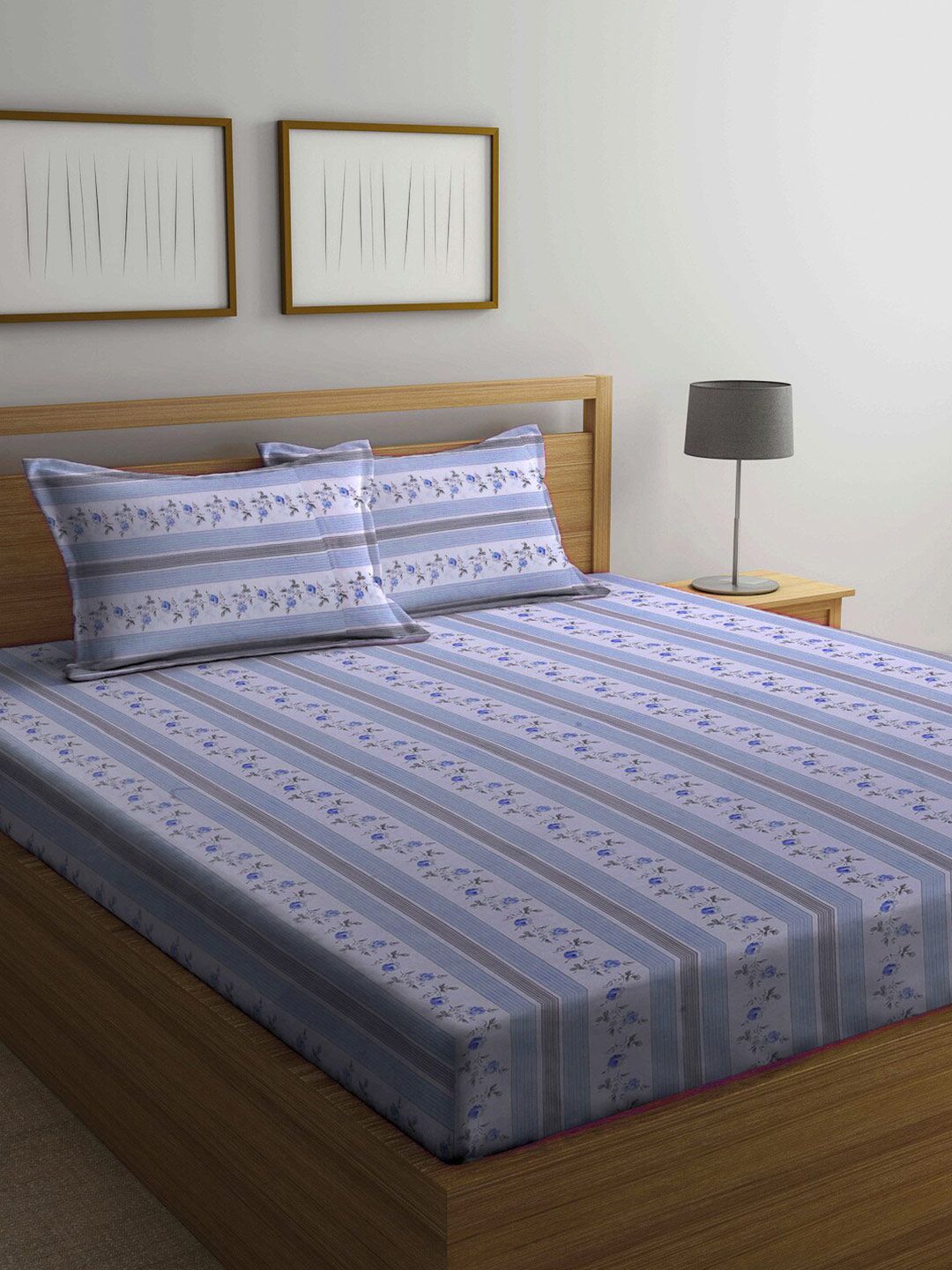 KLOTTHE Blue & Grey Floral 210 TC Pure Cotton King Bedsheet with 2 Pillow Covers Price in India