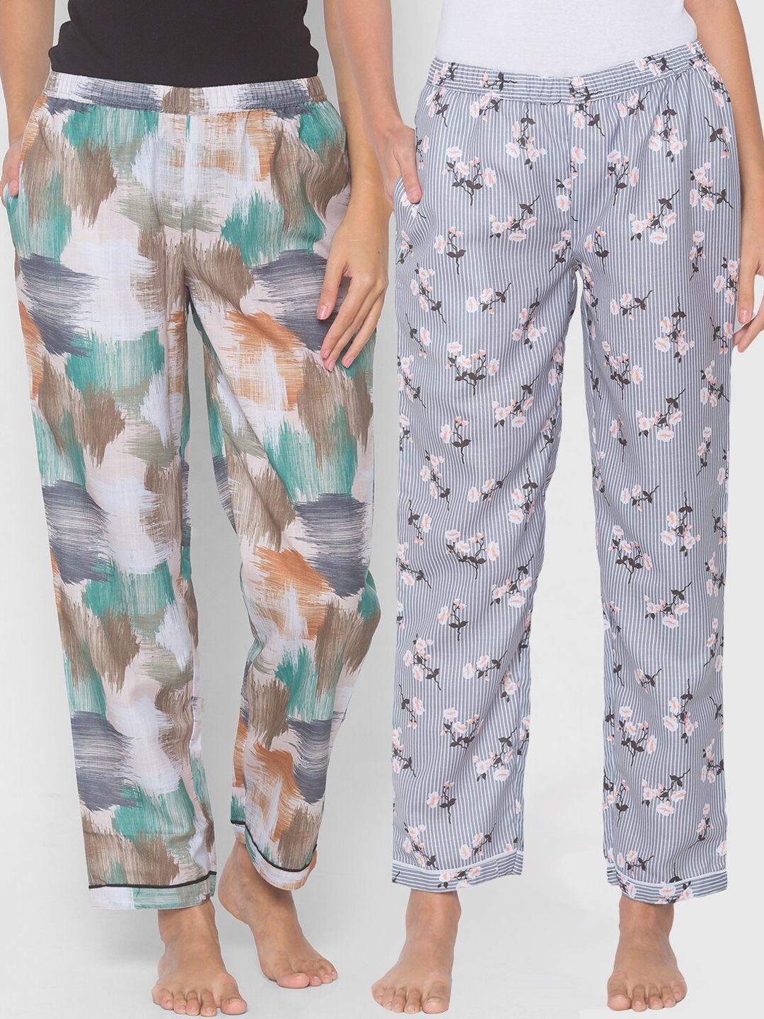 FashionRack Women Grey & Beige Pack of 2 Printed Cotton Lounge Pants Price in India