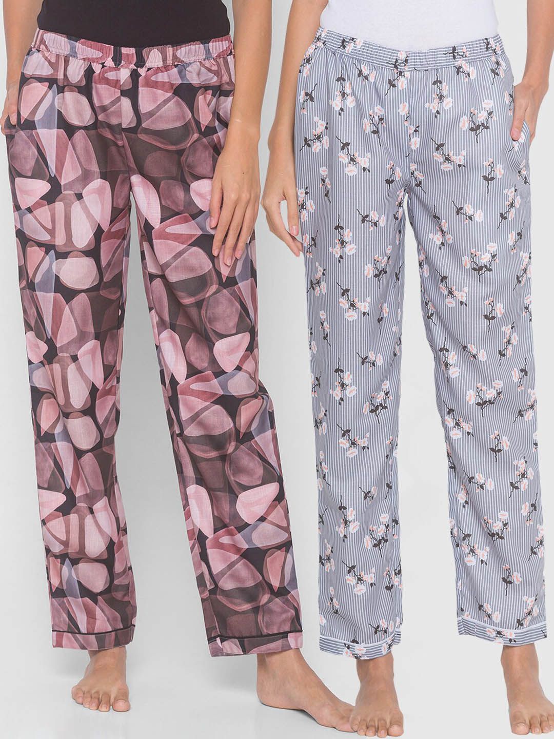 FashionRack Women Pack of 2 Grey & Black Printed Lounge Pants Price in India