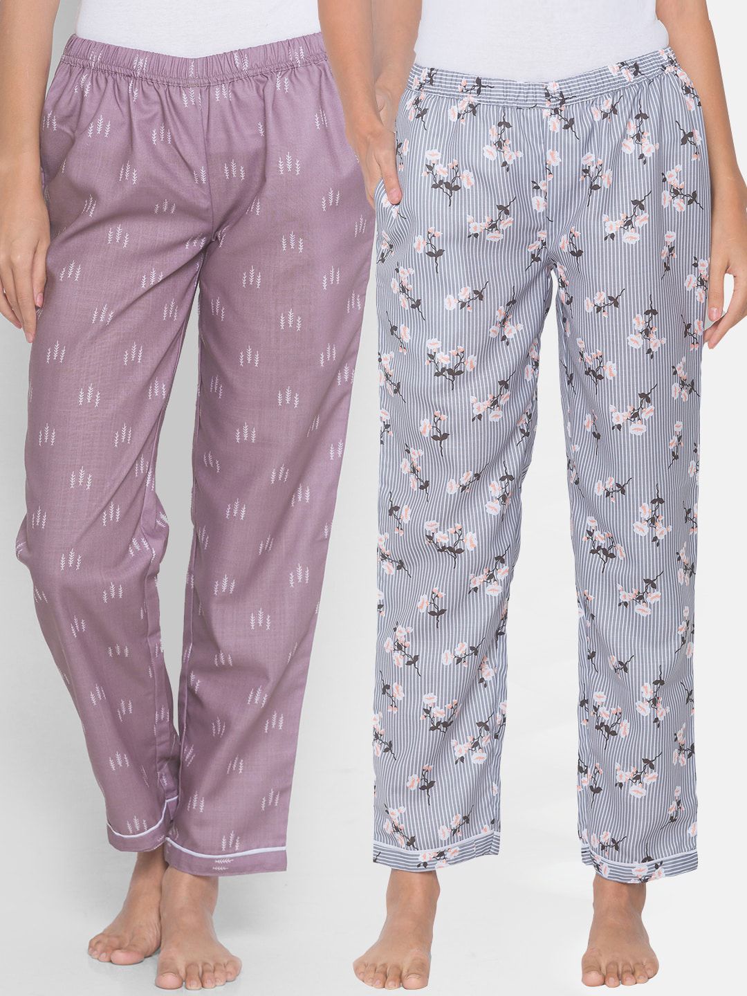 FashionRack Women Pack Of 2 Purple & Grey Printed Cotton Lounge Pants Price in India