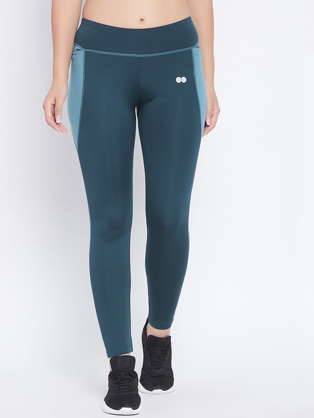 Clovia Women Teal Blue Colorblocked Snug-Fit Ankle-Length Tights Price in India
