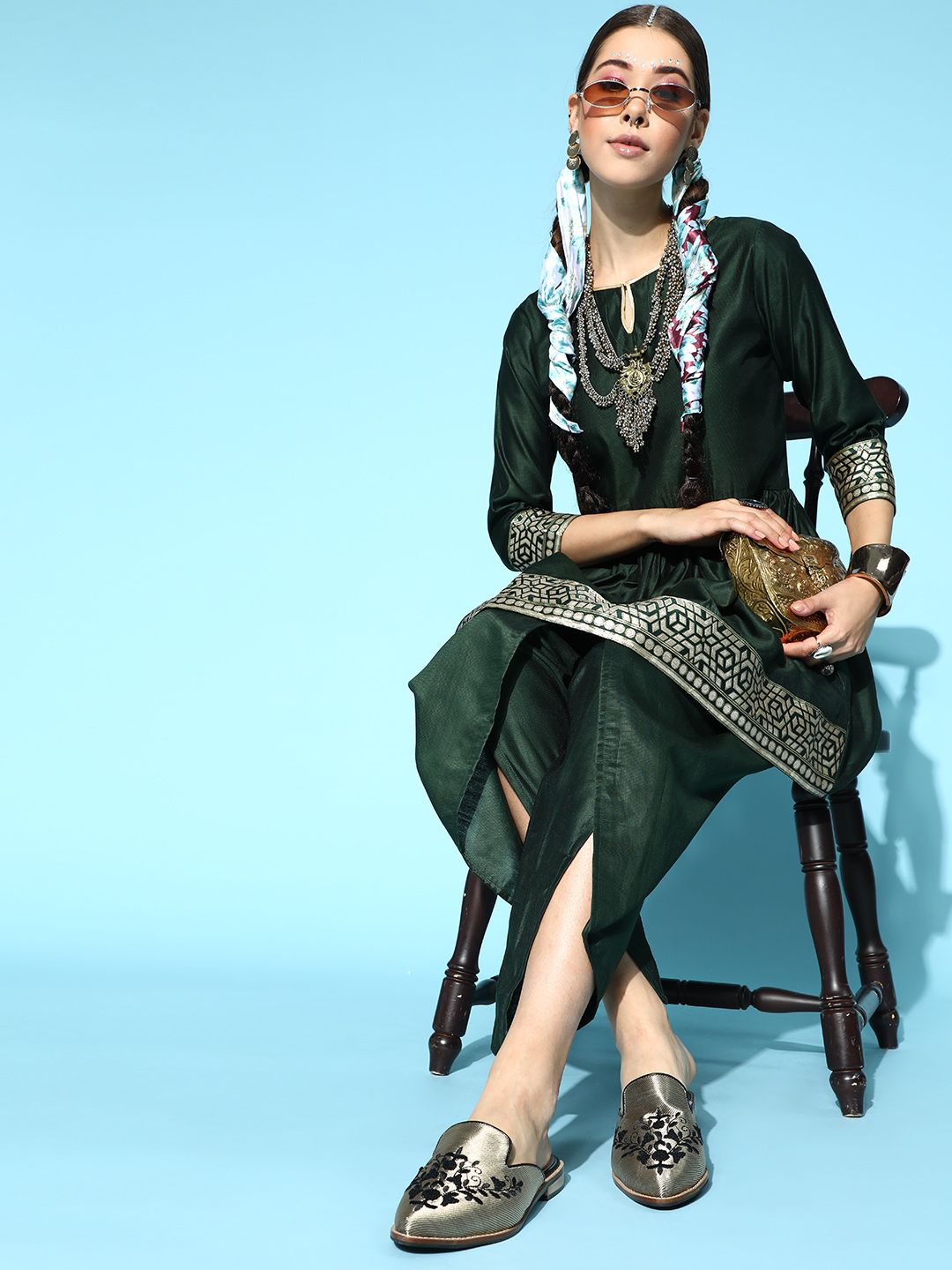 Indo Era Women Green Ethnic Motifs Empire Liva Kurta with Dhoti Pants Price in India