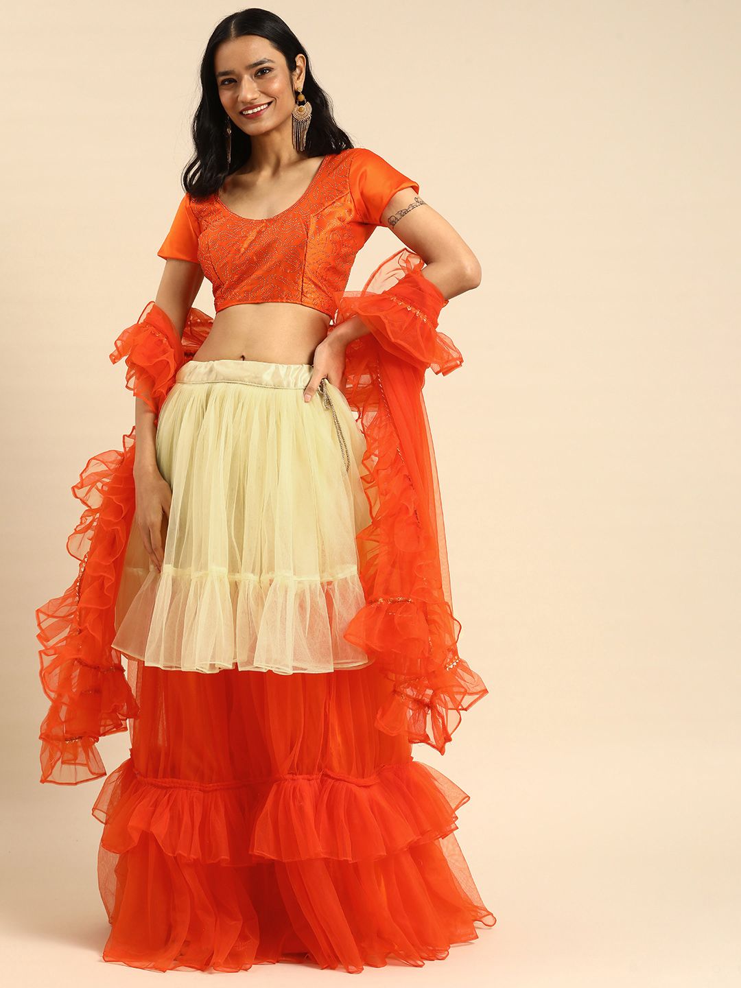 Tikhi Imli Orange & Cream-Coloured Embellished Semi-Stitched Lehenga & Unstitched Blouse With Dupatta Price in India