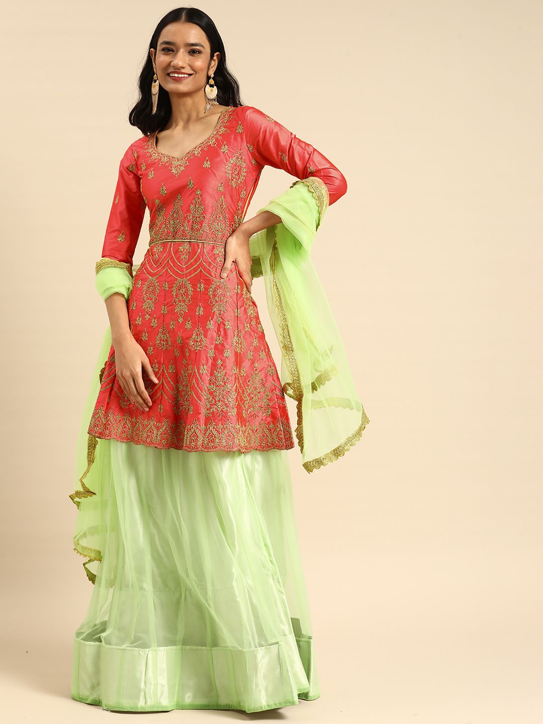 Tikhi Imli Green & Pink Embellished Semi-Stitched Lehenga & Blouse With Dupatta Price in India