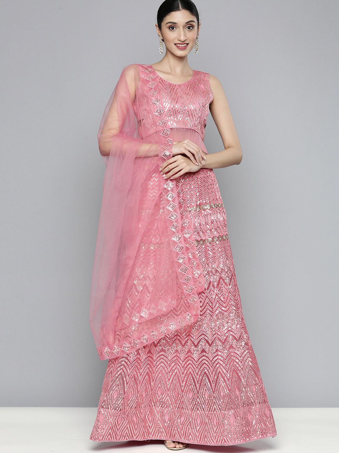 Kvsfab Pink Sequinned Embroidered Semi-Stitched Lehenga & Unstitched Blouse With Dupatta Price in India