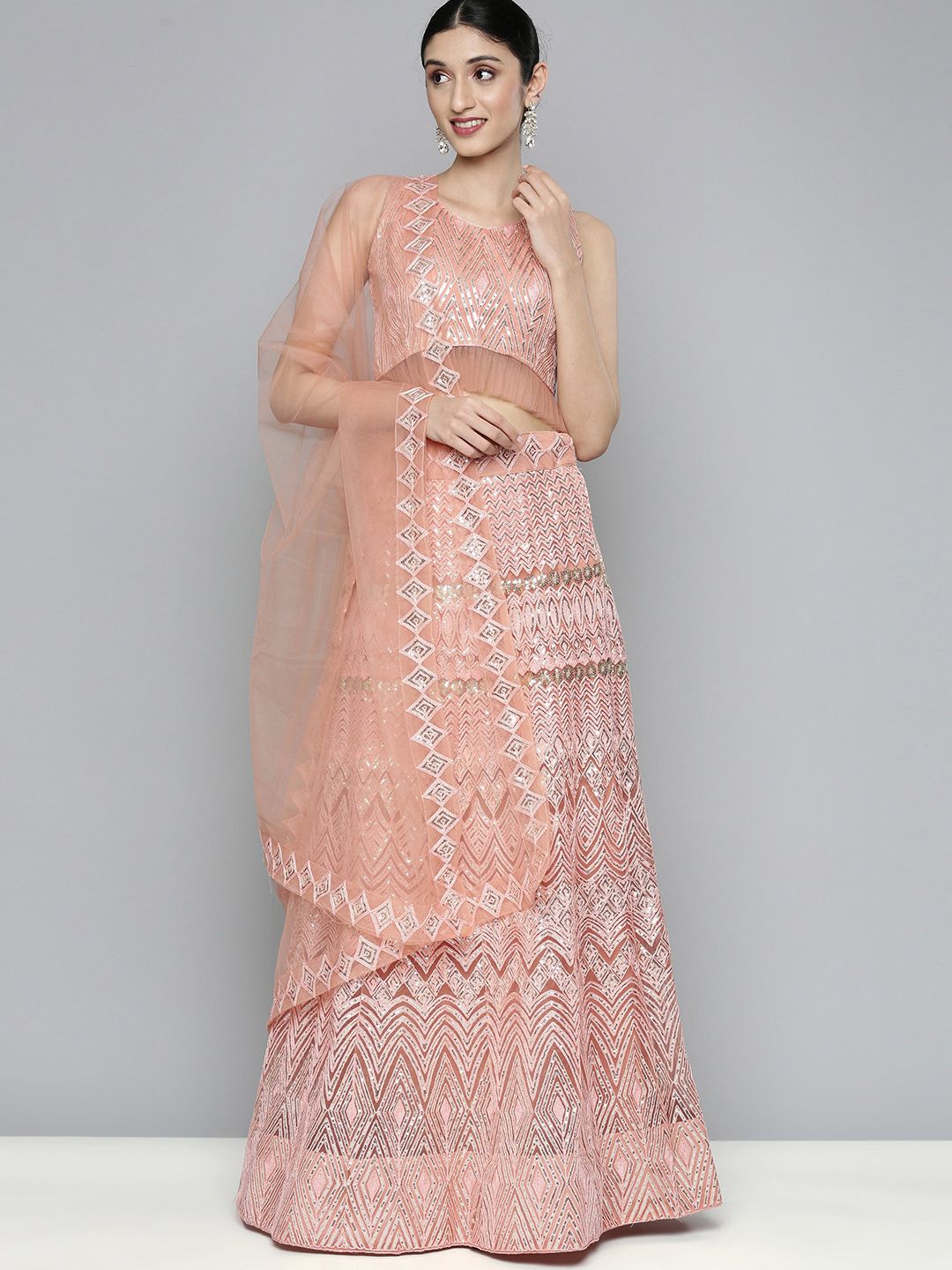 Kvsfab Peach-Coloured Embroidered Sequinned Semi-Stitched Lehenga & Unstitched Blouse With Dupatta Price in India