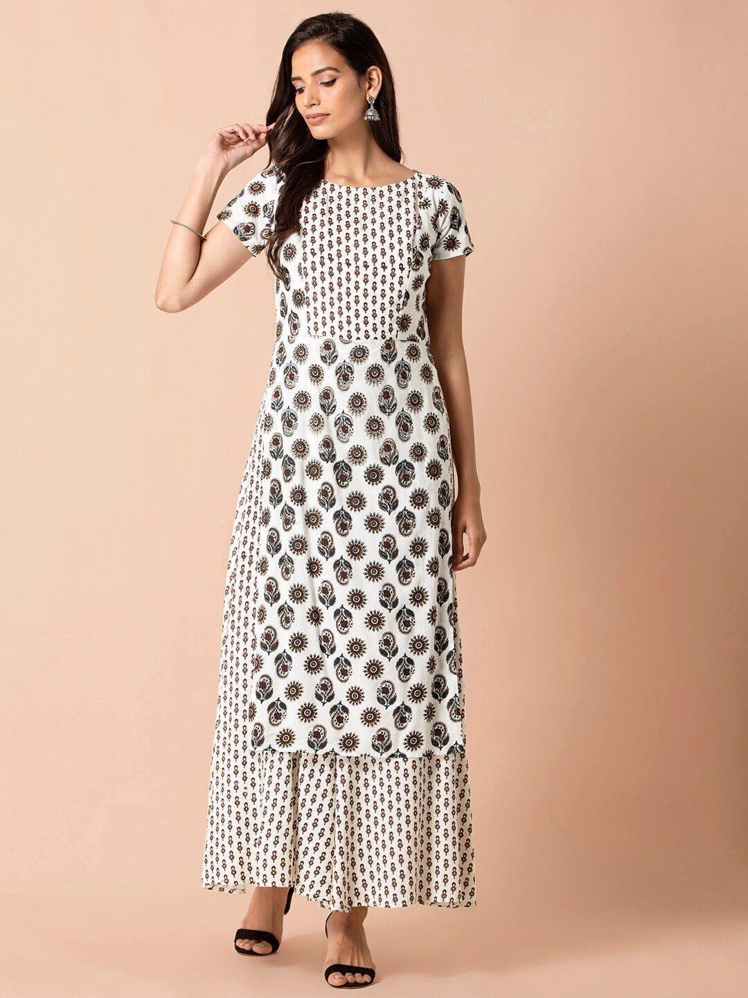 INDYA Women White & Brown Printed  Double Layered Jumpsuit Price in India