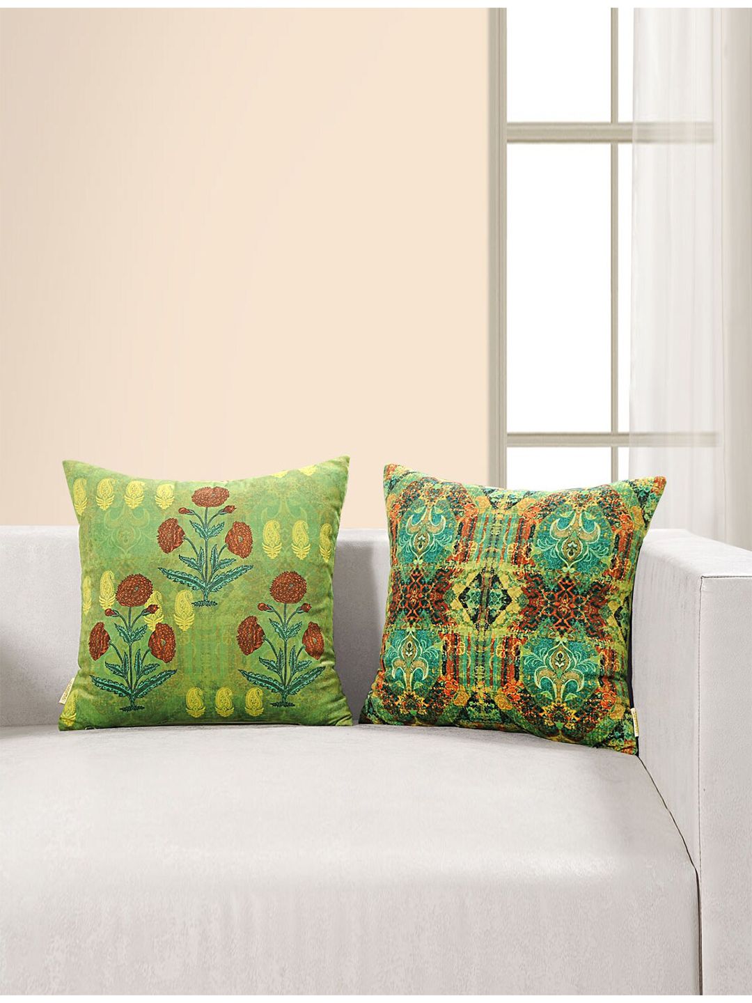 SWAYAM Green & Brown Set of 2 Floral Velvet Square Cushion Covers Price in India