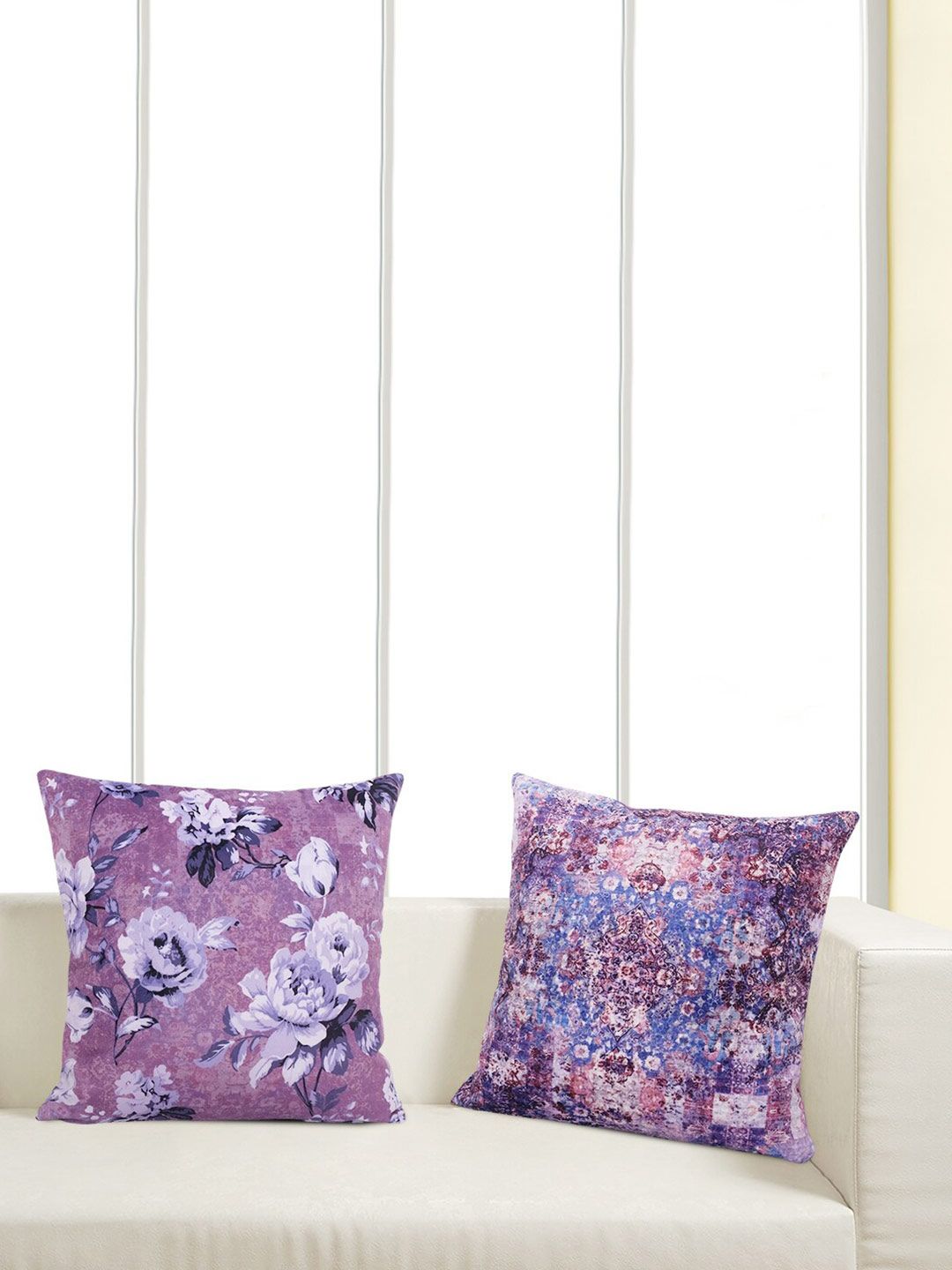 SWAYAM Purple & Grey Set of 2 Floral Velvet Square Cushion Covers Price in India