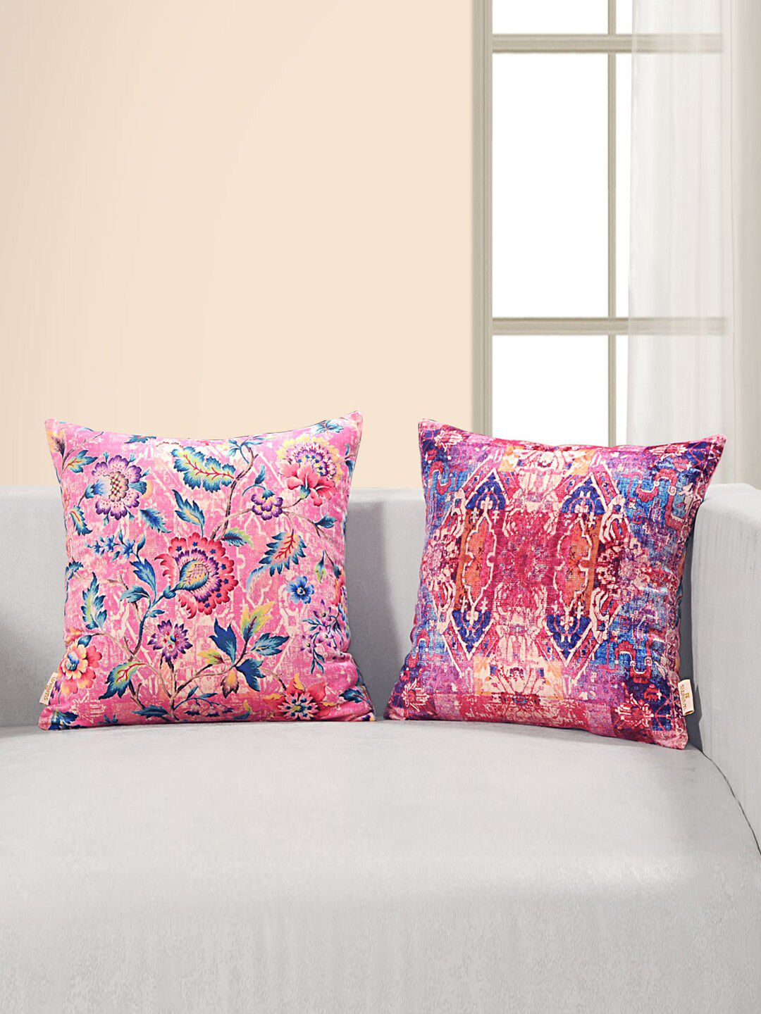 SWAYAM Pink & Blue Set of 2 Ethnic Motifs Velvet Square Cushion Covers Price in India