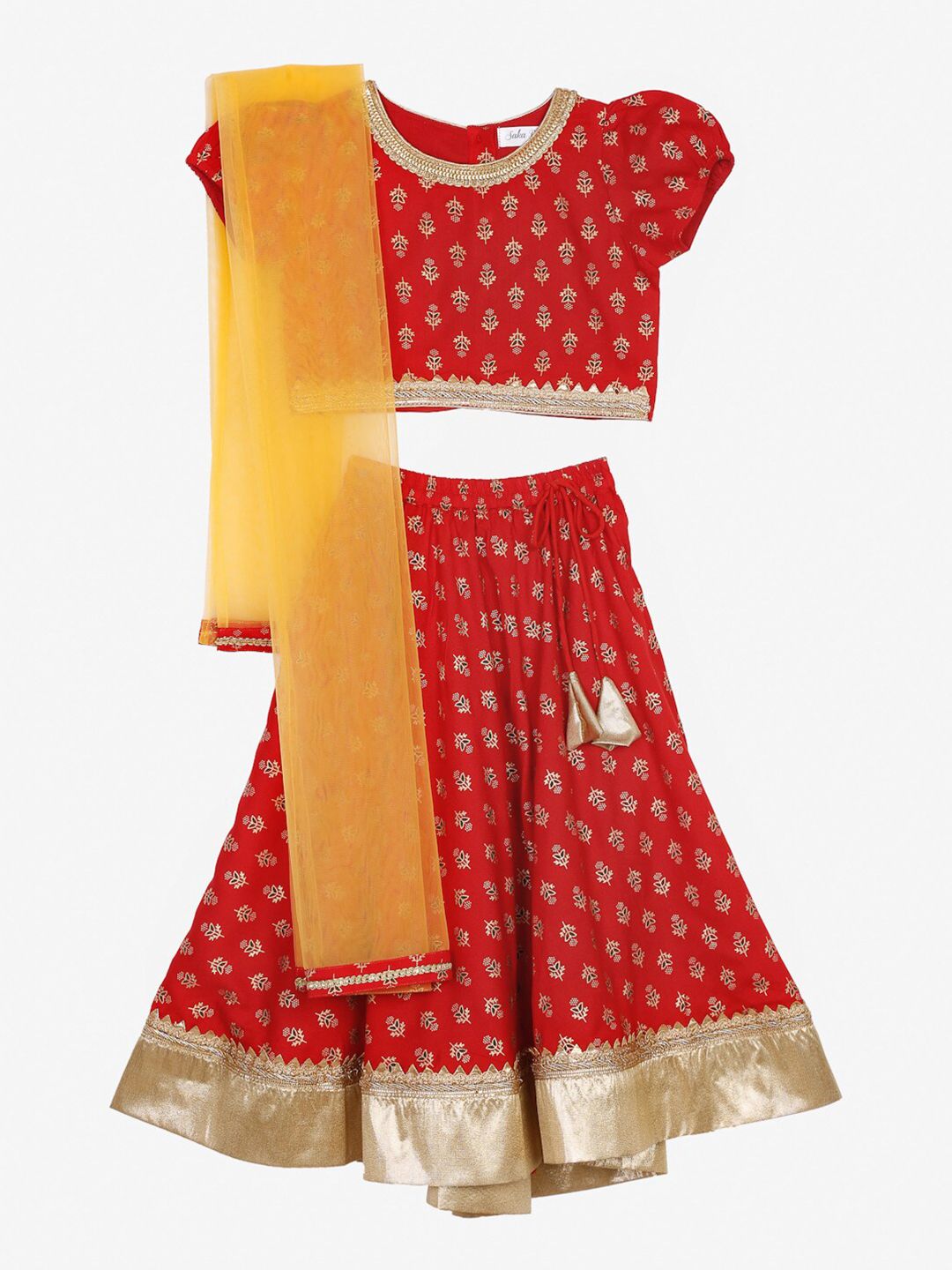 SAKA DESIGNS Girls Red & Yellow Printed Ready to Wear Lehenga & Blouse With Dupatta