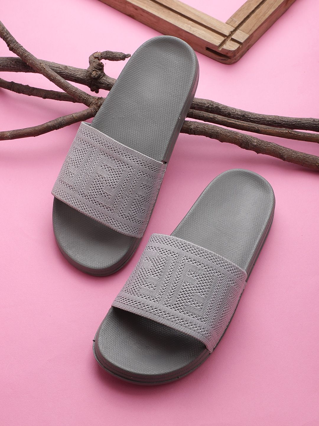 Pampy Angel Women Grey & White Printed Rubber Sliders Price in India