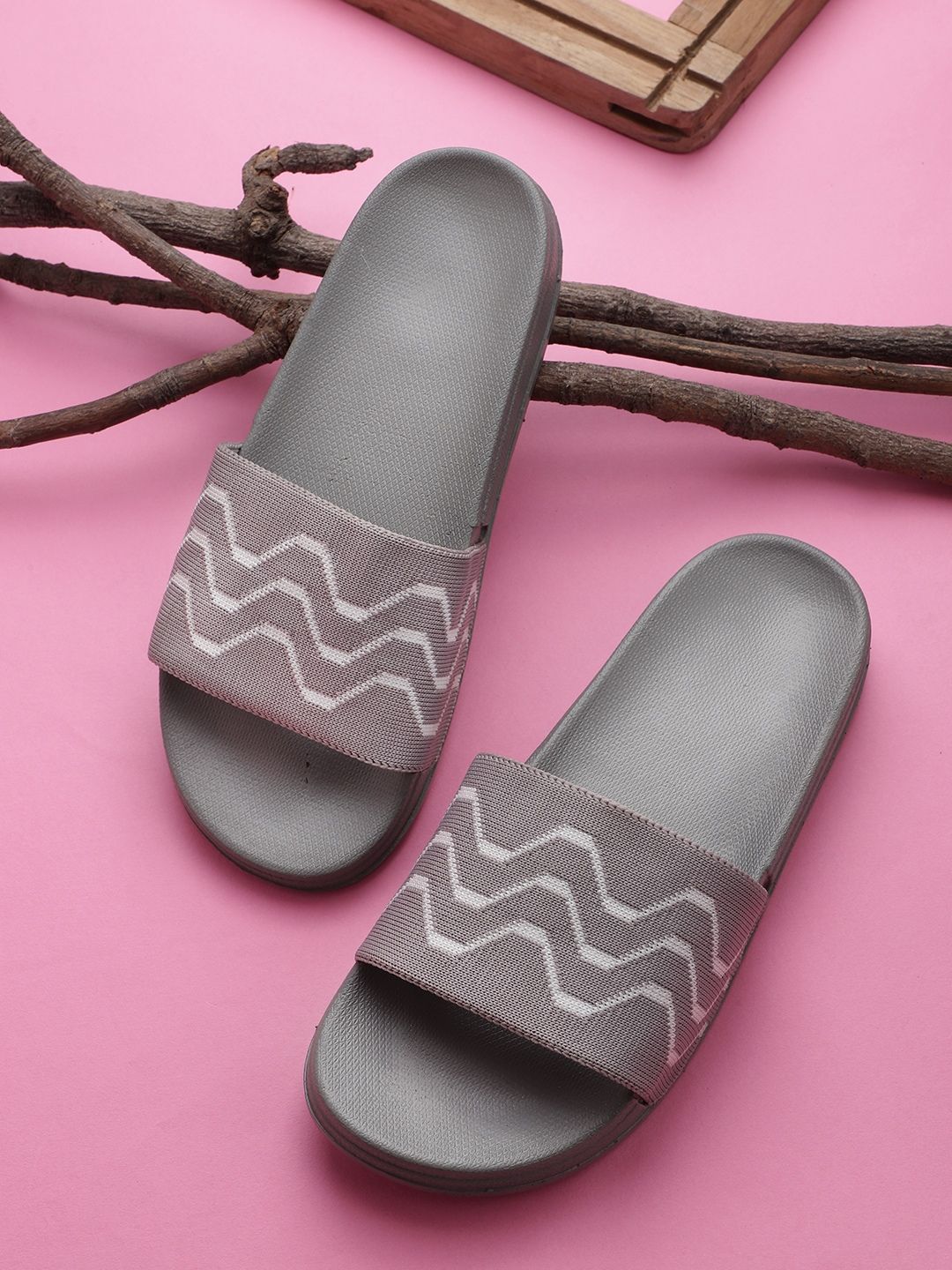 Pampy Angel Women Grey & White Printed Rubber Sliders Price in India