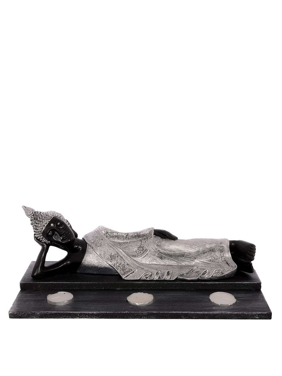 eCraftIndia Silver-Toned & Black Wooden Buddha Tea Light Holder Showpiece Price in India