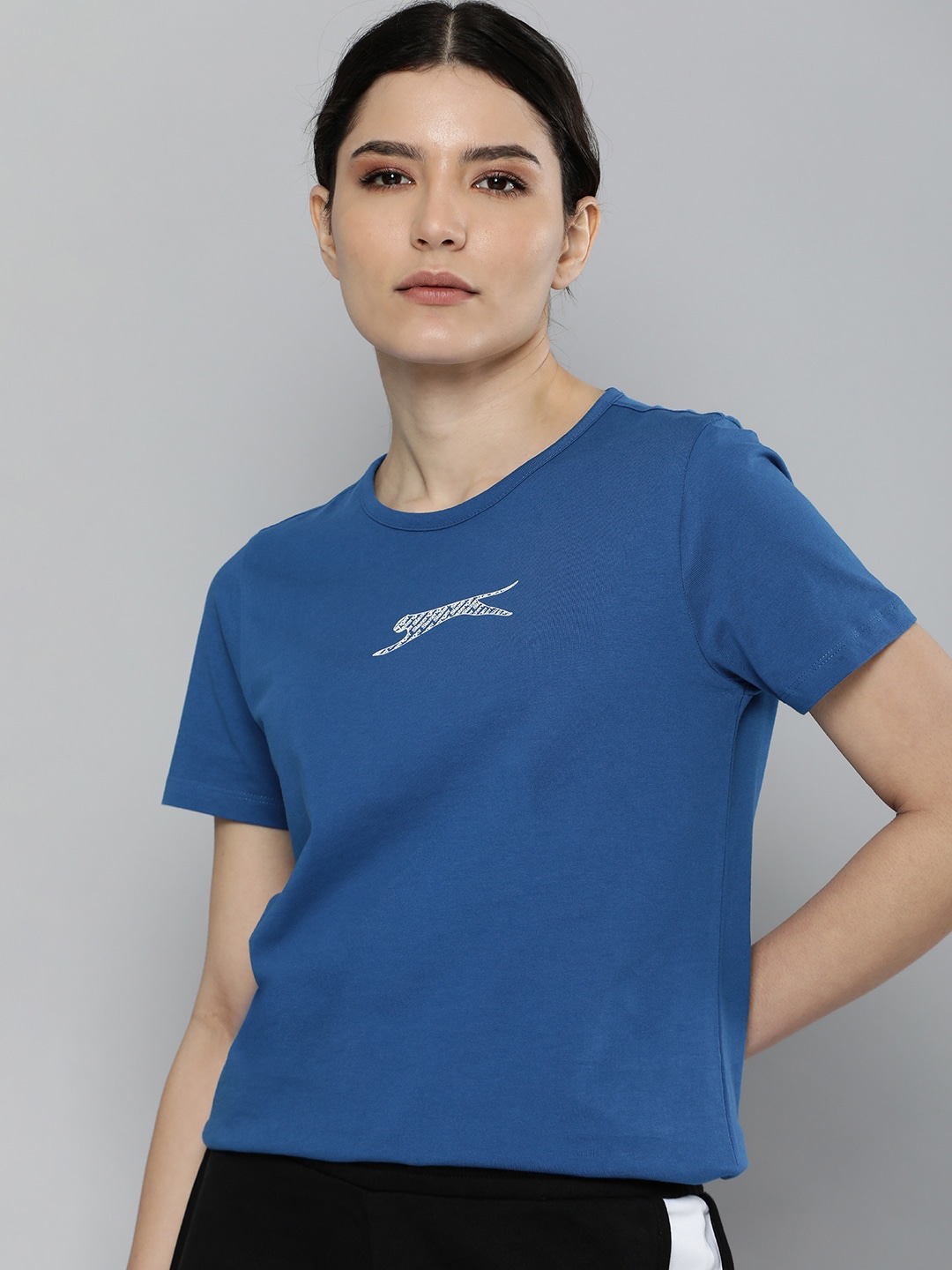 Slazenger Women Blue Brand Logo Printed Pure Cotton Athleisure T-shirt Price in India