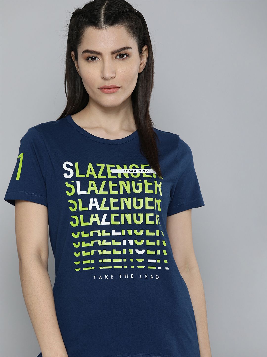 Slazenger Women Navy Blue & Green Typography Printed Pure Cotton Athleisure T-shirt Price in India