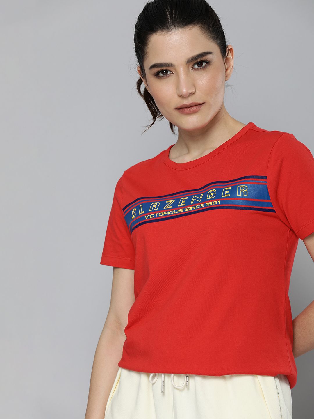 Slazenger Women Red Brand Logo Printed Pure Cotton Athleisure T-shirt Price in India