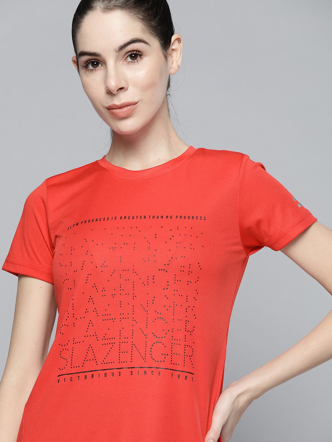 Slazenger Women Red & Black Typography Striped T-shirt Price in India