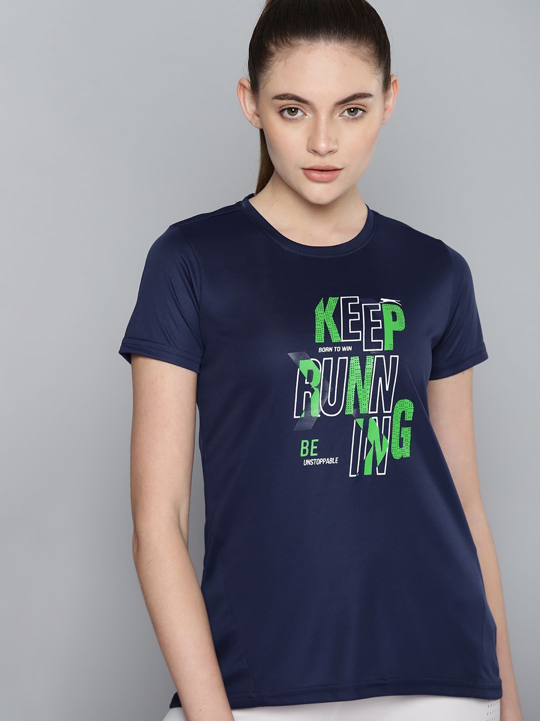 Slazenger Women Navy Blue & Green Printed Running T-shirt Price in India