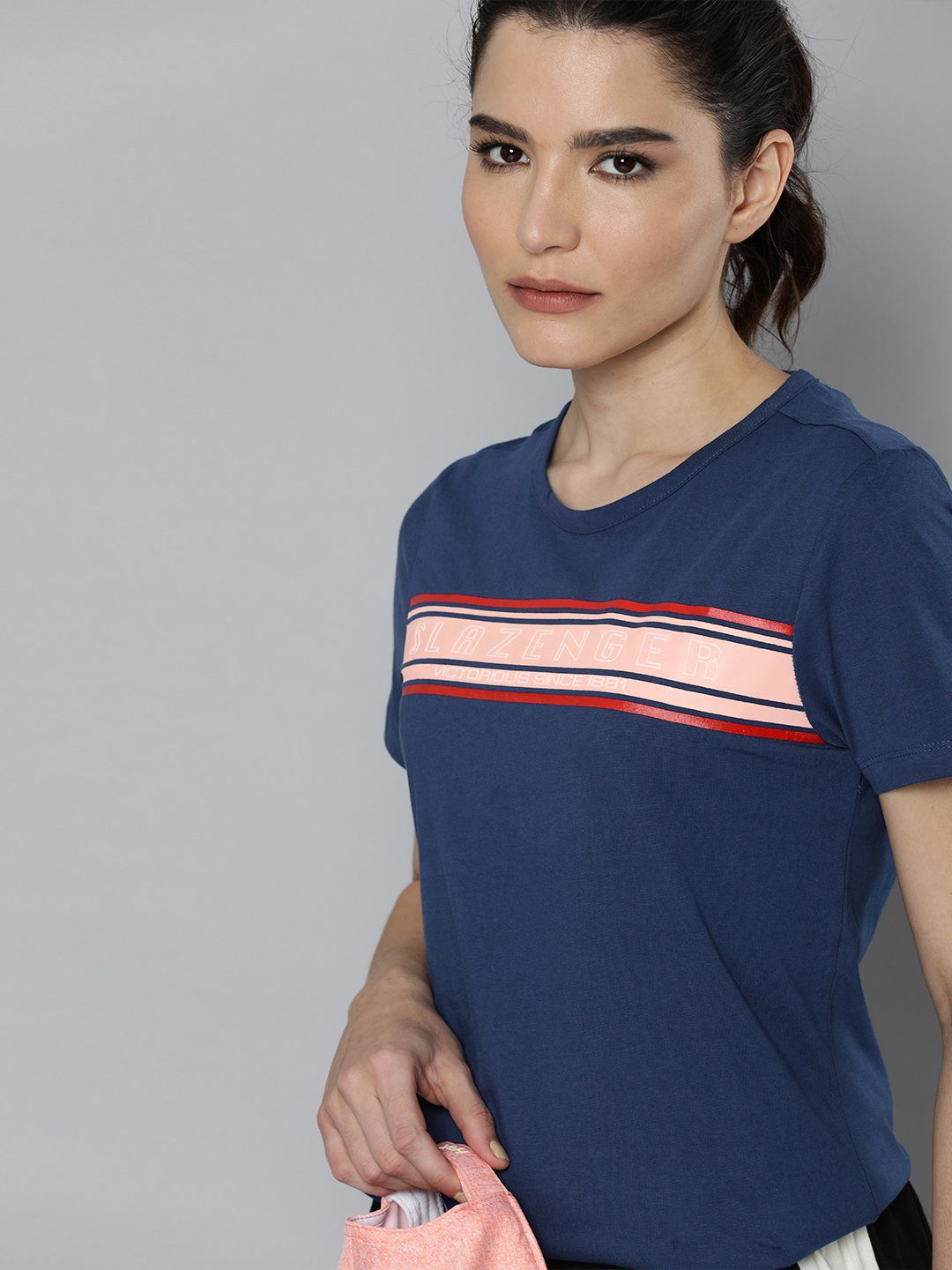 Slazenger Women Navy Blue Brand Logo Printed Pure Cotton Athleisure T-shirt Price in India