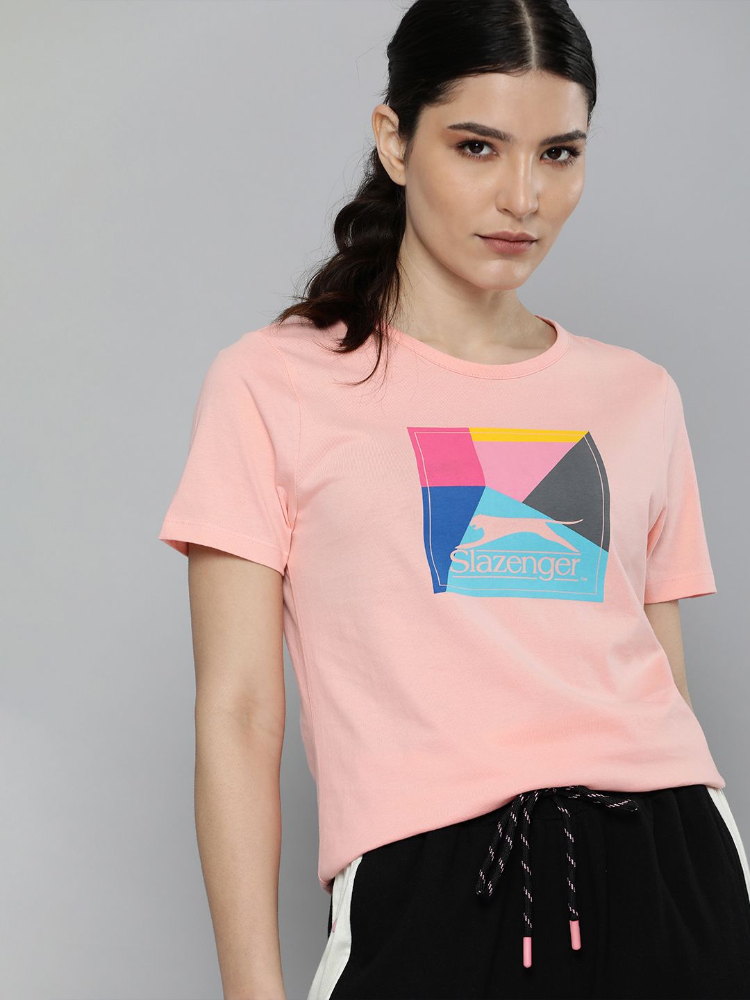 Slazenger Women Pink Brand Logo Printed Pure Cotton Athleisure T-shirt Price in India