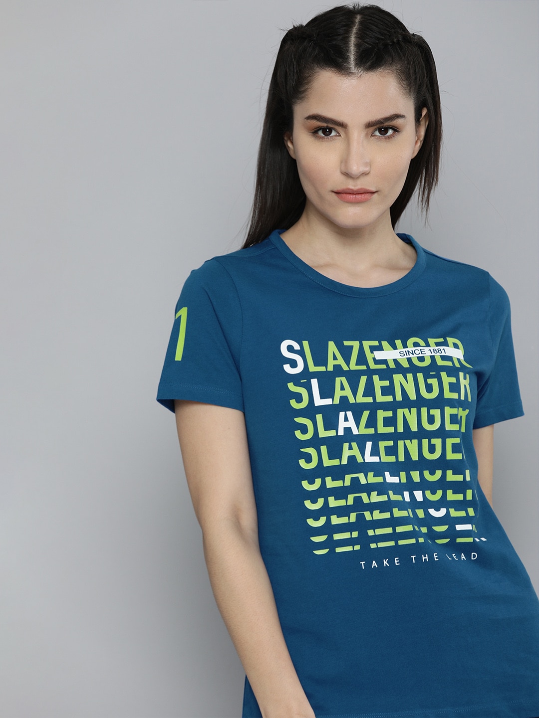 Slazenger Women Blue & Green Typography Printed Pure Cotton Athleisure T-shirt Price in India