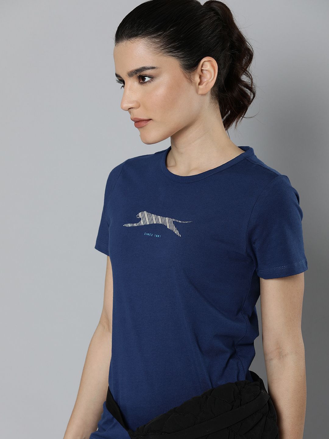 Slazenger Women Navy Blue Brand Logo Printed Pure Cotton Athleisure T-shirt Price in India