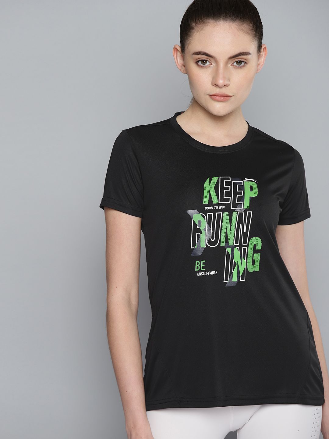 Slazenger Women Black & Green Printed Running T-shirt Price in India