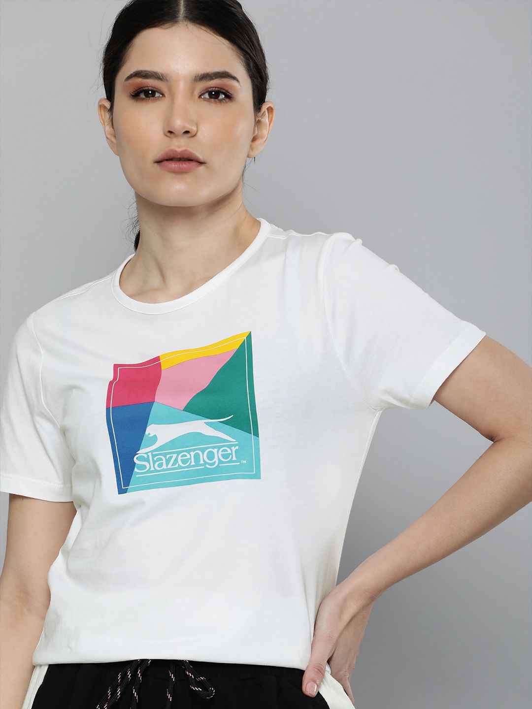 Slazenger Women White Brand Logo Printed Pure Cotton Athleisure T-shirt Price in India