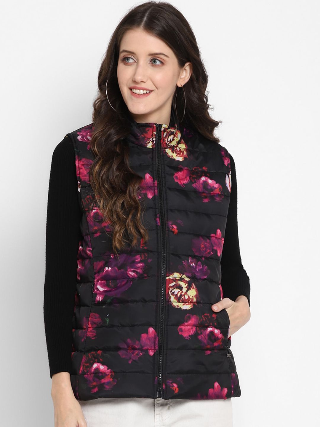 LAMOURE BY RED CHIEF Women Black Floral Water Resistant Quilted Jacket with Patchwork Price in India