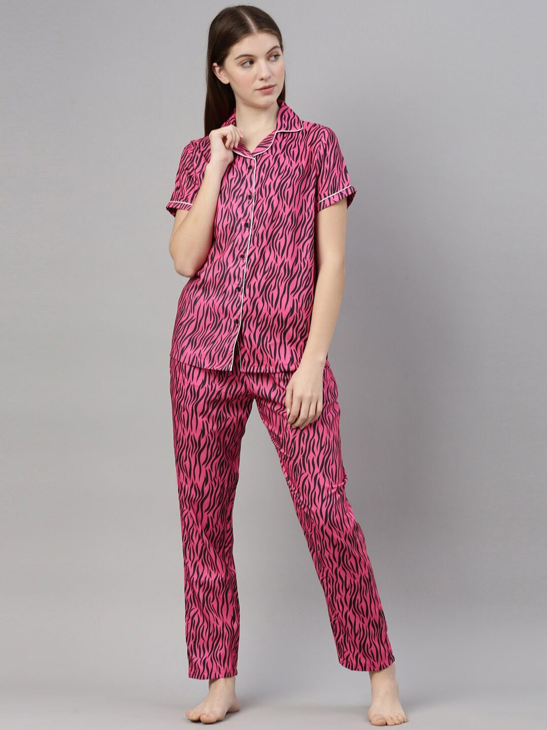 Bushirt Women Pink & Black Printed Night suit Price in India