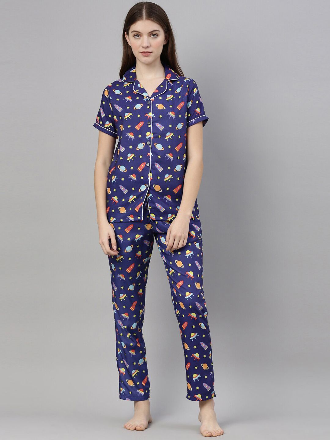 Bushirt Women Navy Blue & Red Printed Night suit Price in India