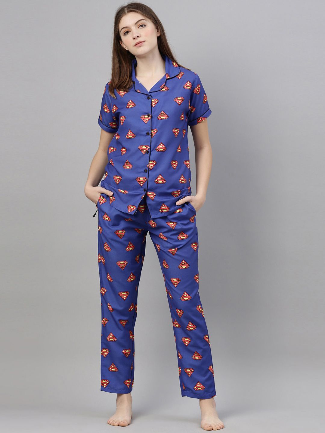 Bushirt Women Navy Blue & Red Printed Night suit Price in India