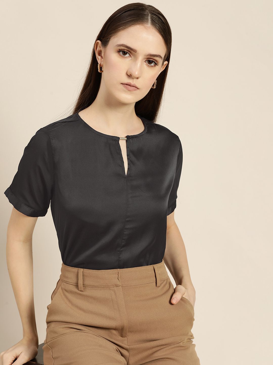 her by invictus Black Solid Satin Keyhole Neck Top Price in India
