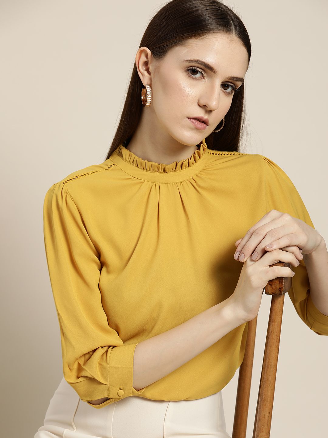 her by invictus Mustard Yellow Mandarin Collar Top