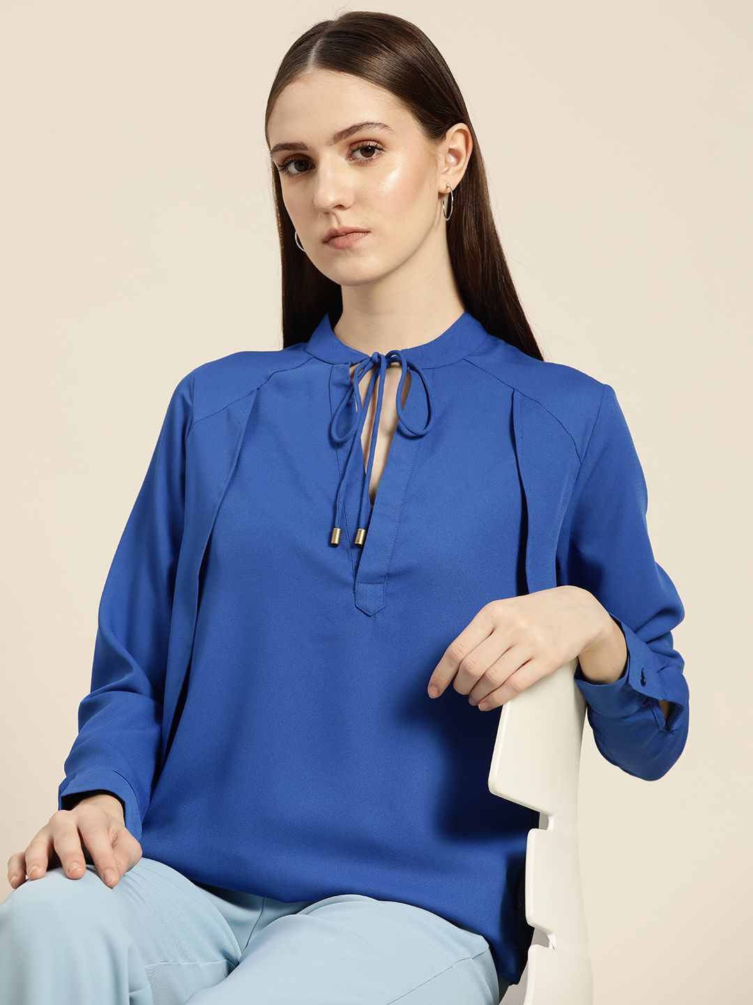 her by invictus Blue Solid Tie-Up Neck Top Price in India